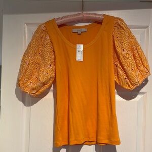 LOFT Women's Orange Puff Sleeve Top NEW w TAGS